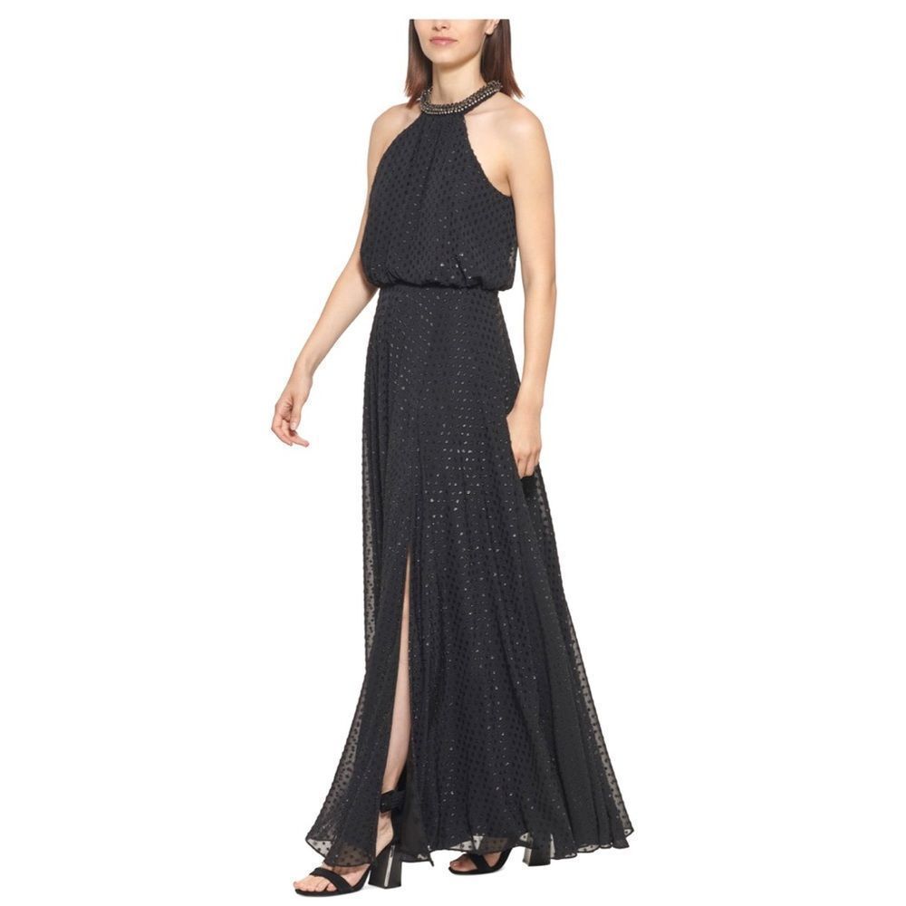 Calvin Klein Bejeweled Halter Jacquard Chiffon Gown